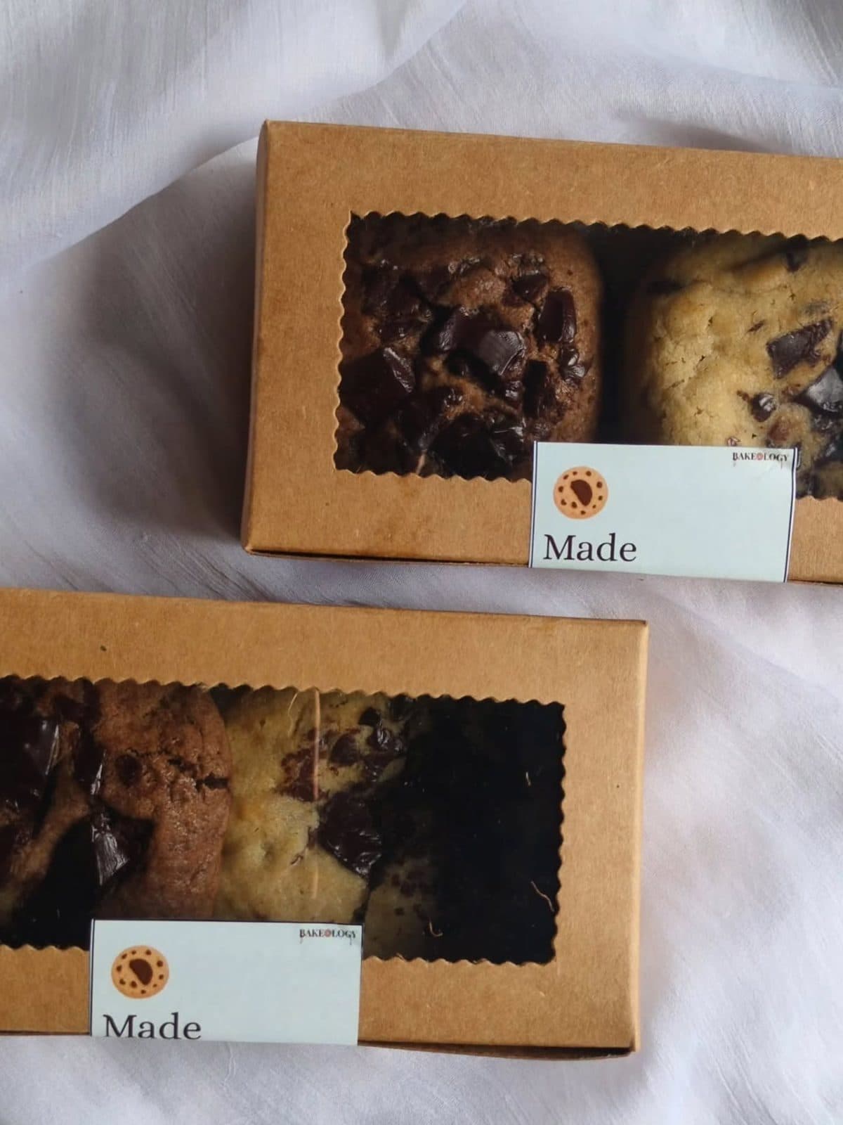 Bakeology kraft boxes of cookies, made and packed at home